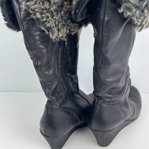 Unbranded Leather Boots Size 9.5 EU 40 Black Almond Toe Wedge Heel 3in Faux Fur - Picture 4 of 6